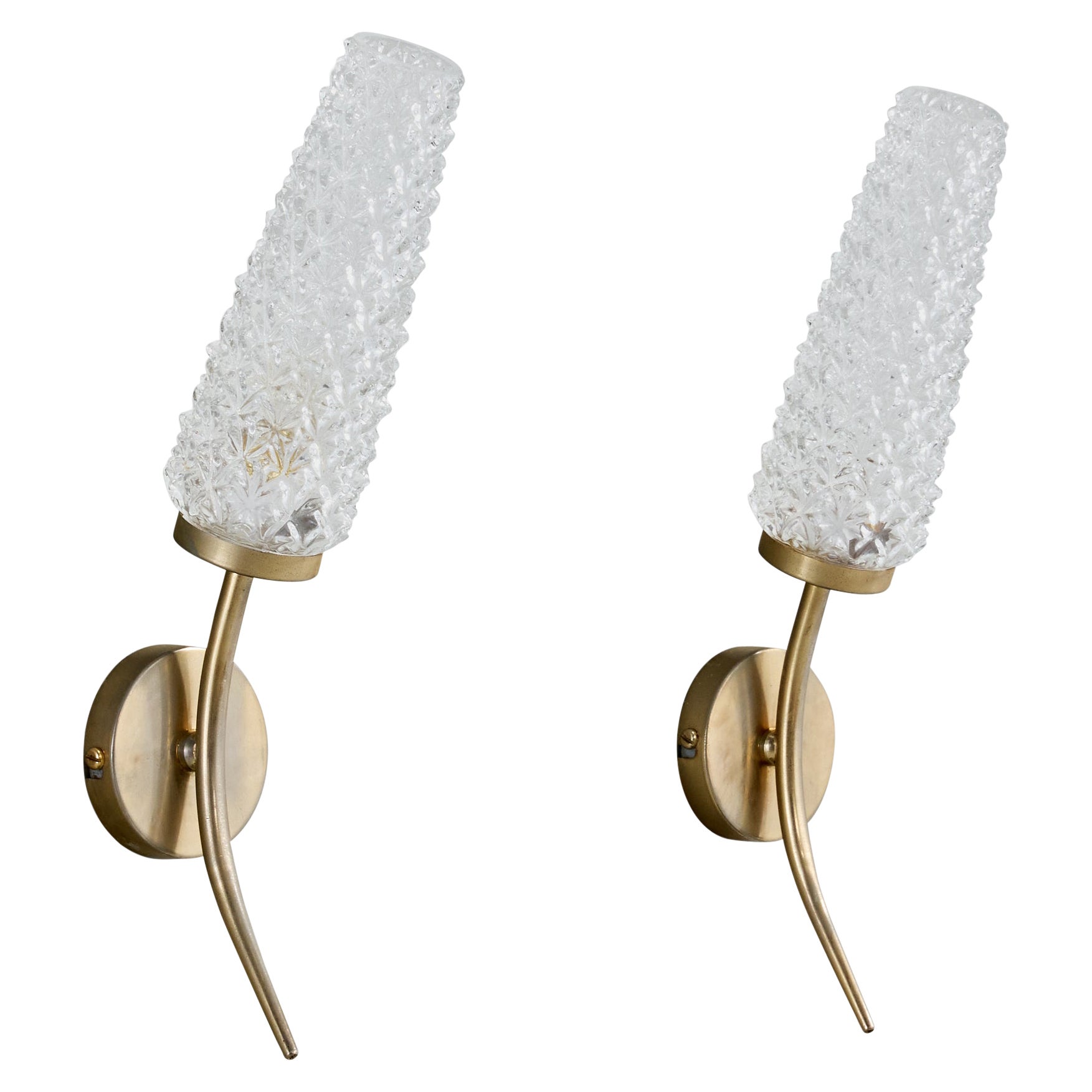 French Designer, Wall Lights, Brass, Glass, France, 1950s For Sale