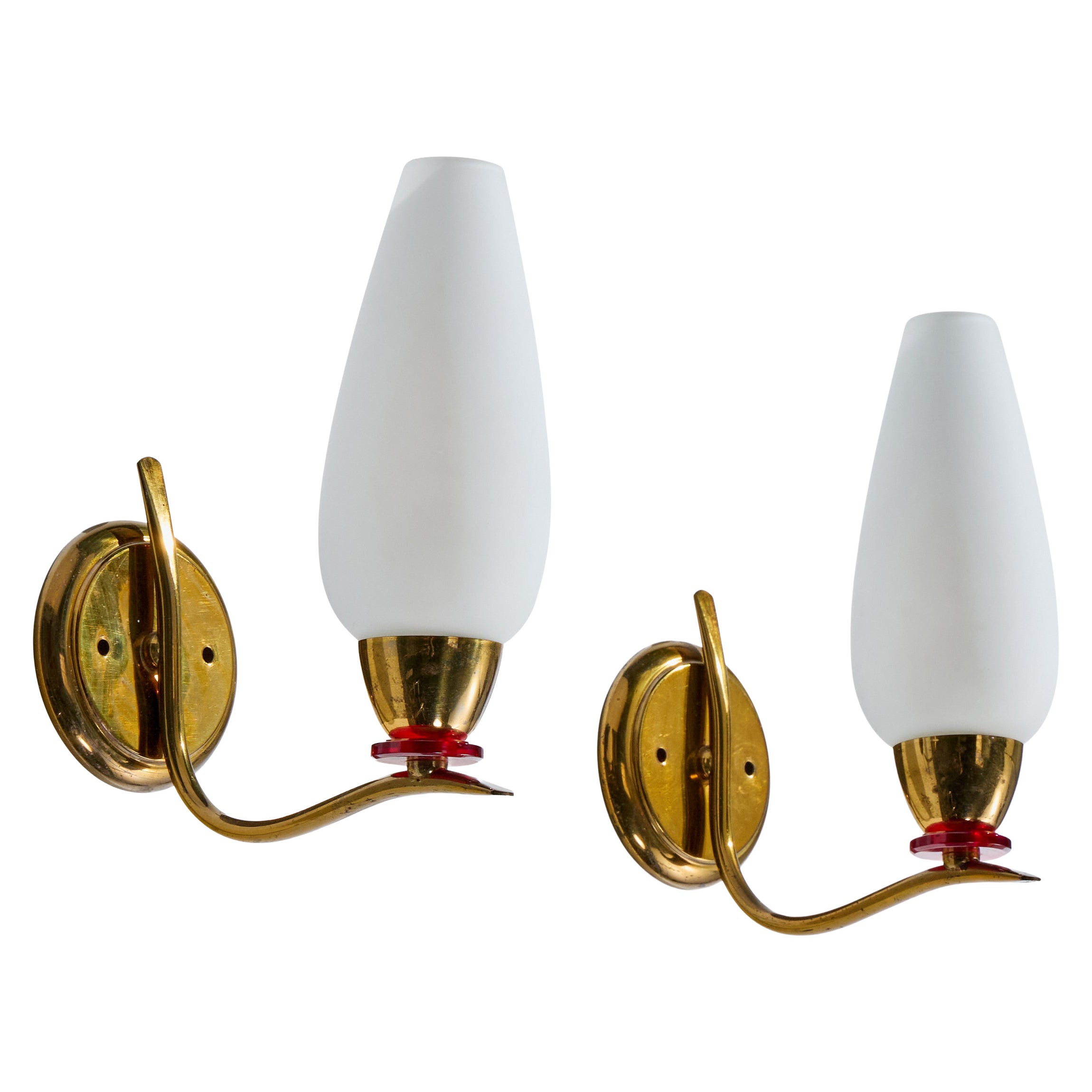 French Designer, Wall Lights, Brass, Glass, France, 1950s For Sale