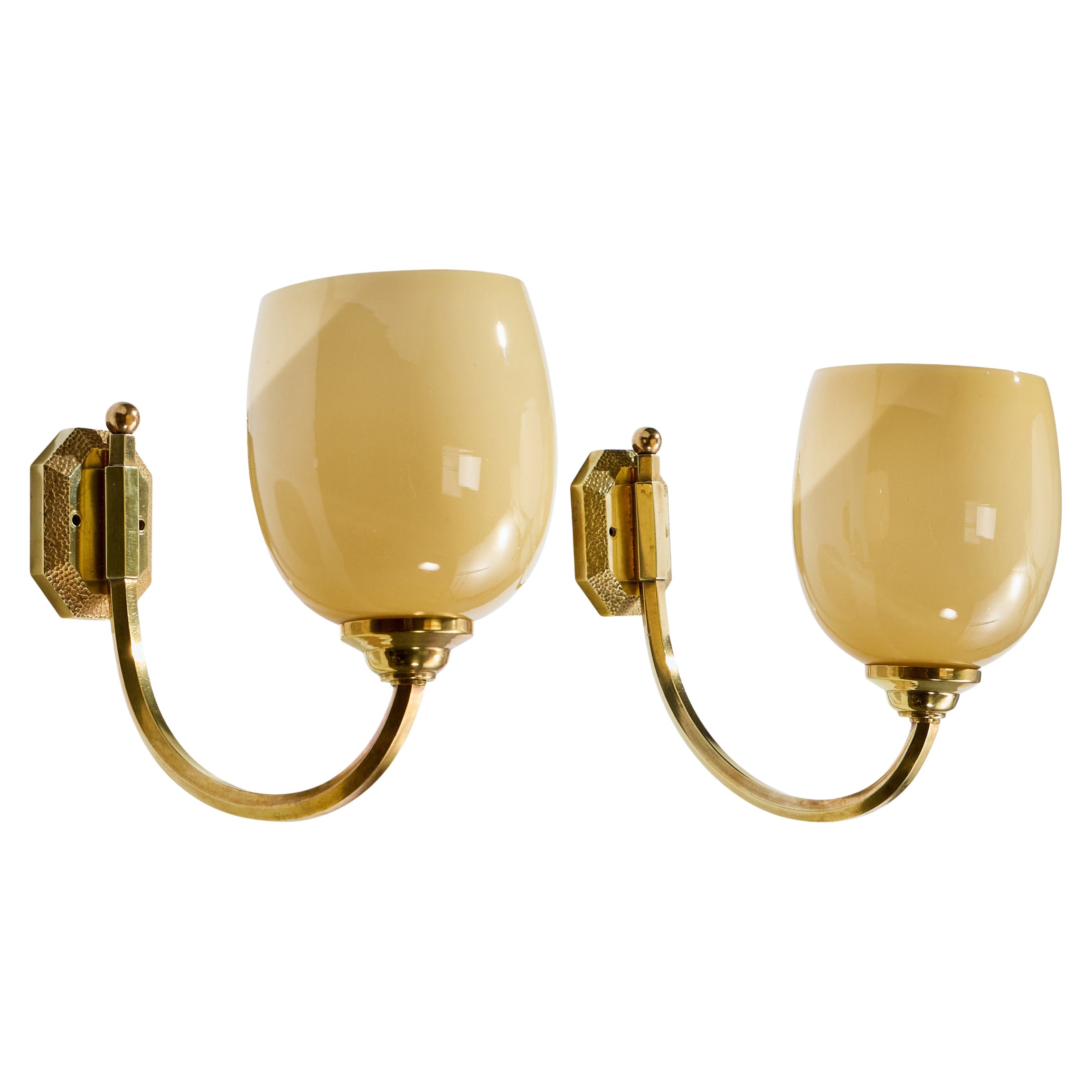 French Designer, Wall Lights, Brass, Glass, France, 1950s