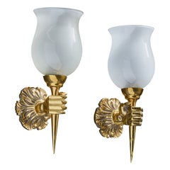 Designer francese, lampade da parete, ottone, vetro, Francia, anni '1950