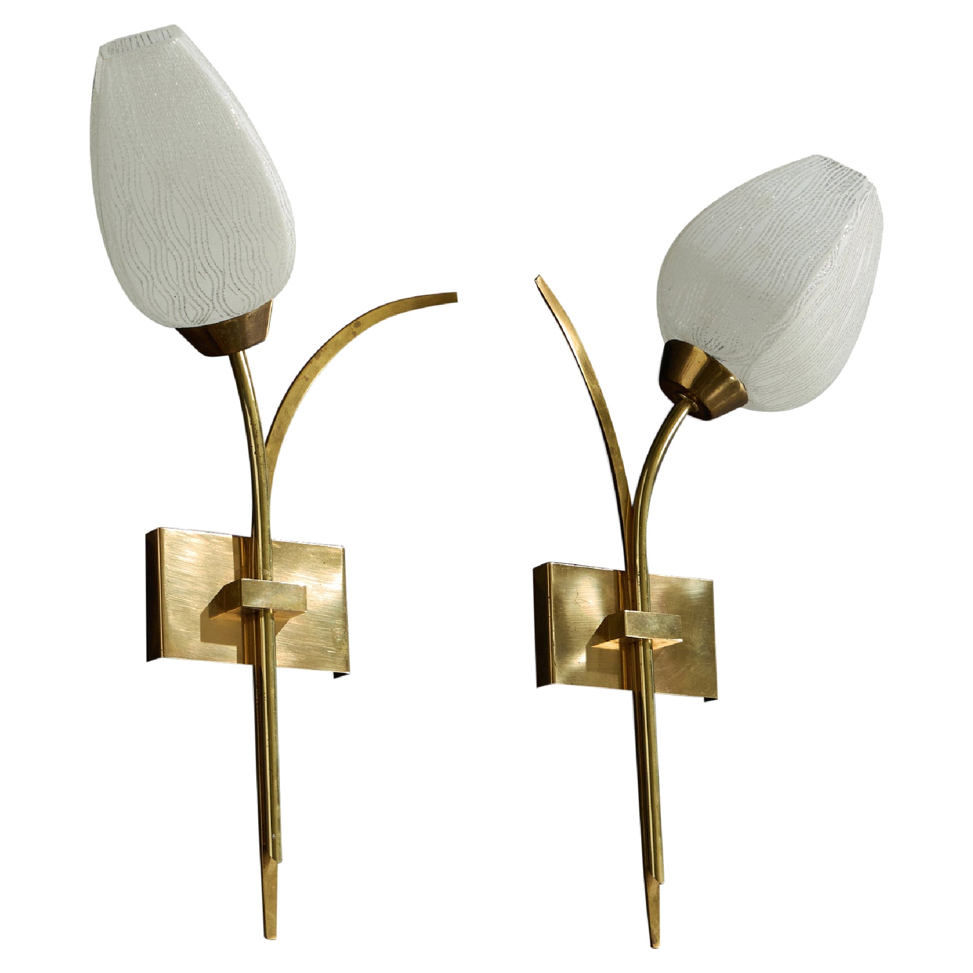French Designer, Wall Lights, Brass, Glass, France, 1950s