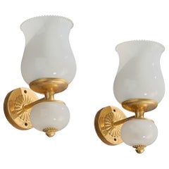 French Designer, Wall Lights, Brass, Glass, France, 1950s