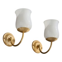 French Designer, Wall Lights, Brass, Glass, France, 1950s