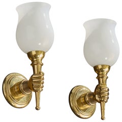 French Designer, Wall Lights, Brass, Glass, France, 1950s
