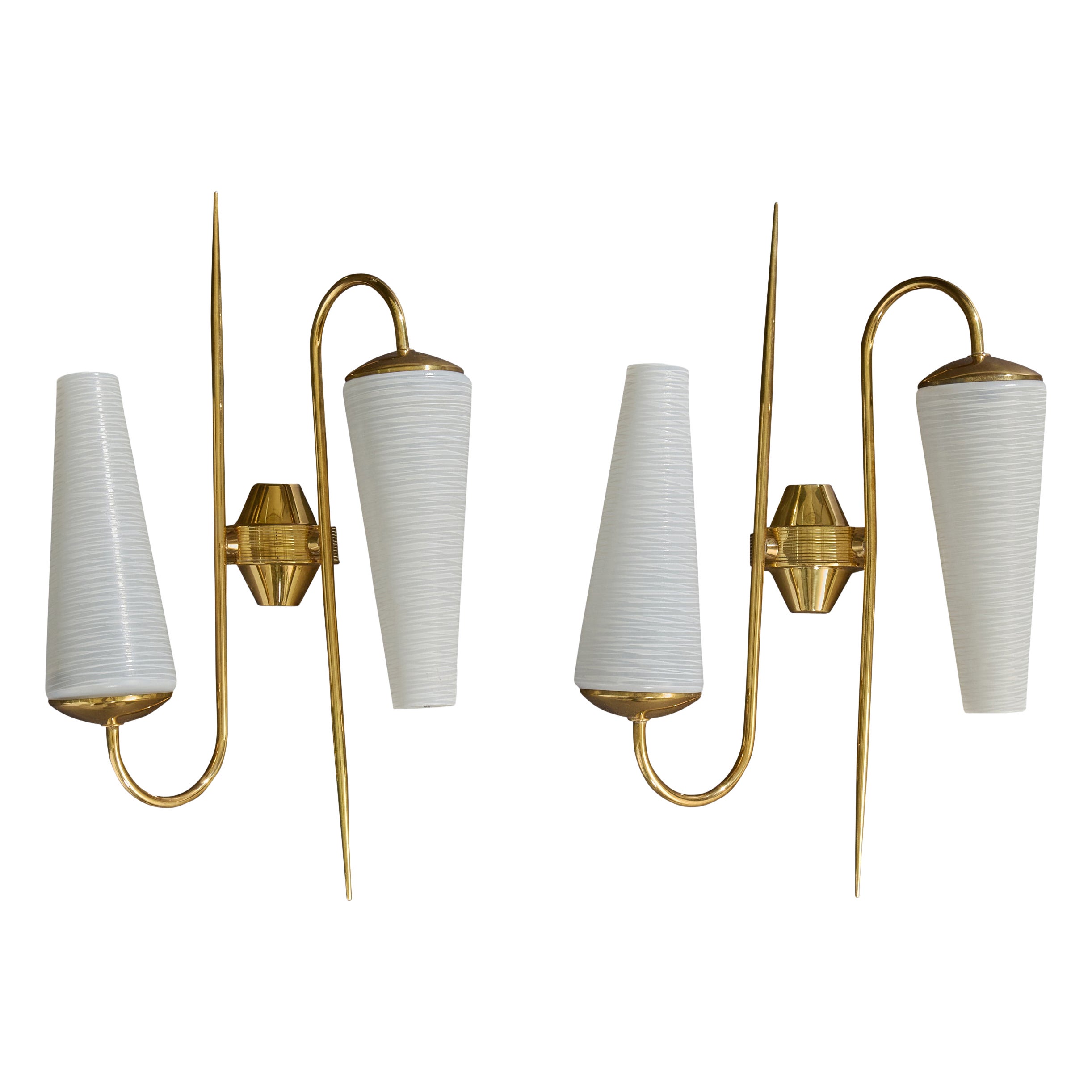 French Designer, Wall Lights, Brass, Glass, France, 1950s