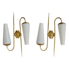 French Designer, Wall Lights, Brass, Glass, France, 1950s