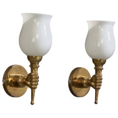 Designer francese, lampade da parete, ottone, vetro, Francia, anni '1950