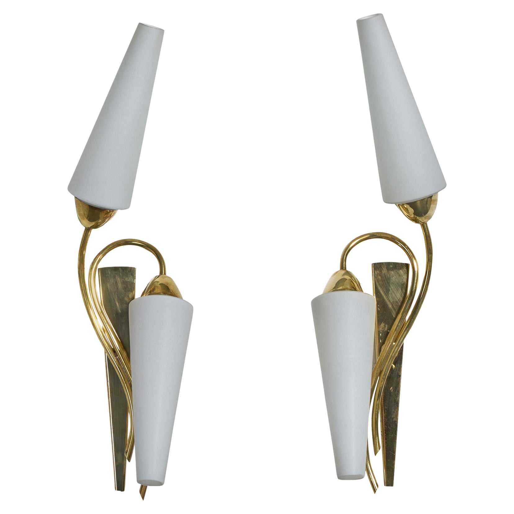French Designer, Wall Lights, Brass, Glass, France, 1950s
