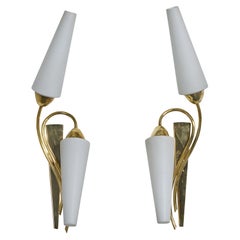 French Designer, Wall Lights, Brass, Glass, France, 1950s