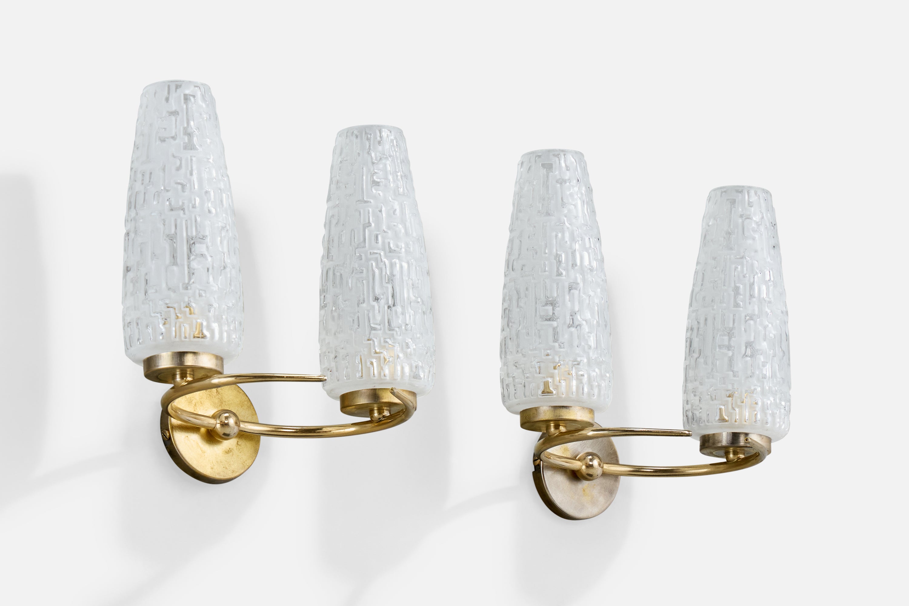 French Designer, Wall Lights, Brass, Glass, France, 1950s For Sale