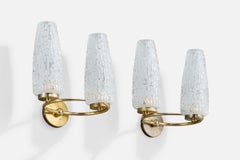French Designer, Wall Lights, Brass, Glass, France, 1950s