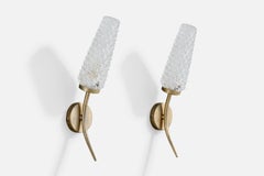 French Designer, Wall Lights, Brass, Glass, France, 1950s