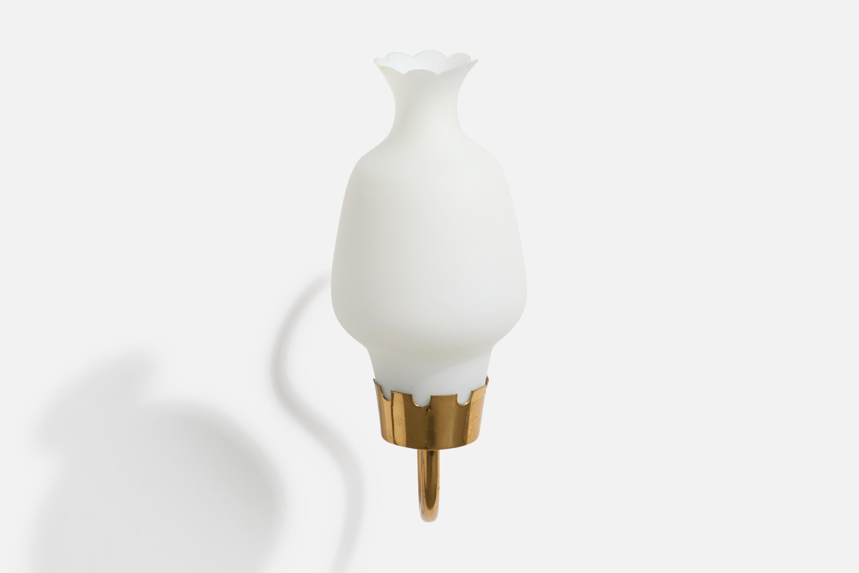 Mid-20th Century French Designer, Wall Lights, Brass, Glass, France, 1960s For Sale
