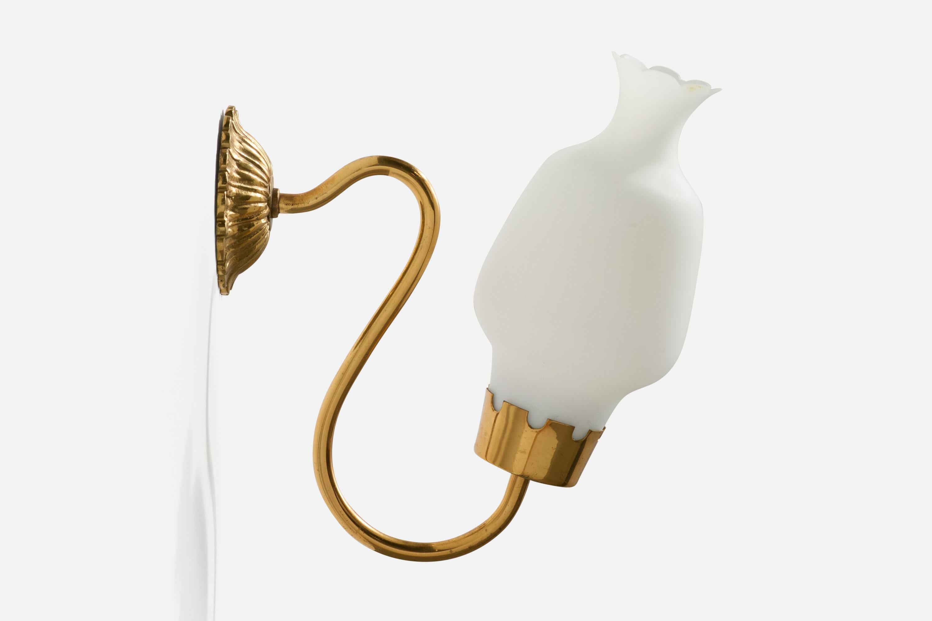 French Designer, Wall Lights, Brass, Glass, France, 1960s For Sale 1