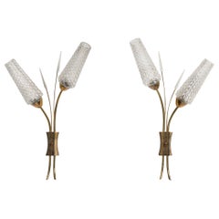 French Designer, Wall Lights, Brass, Glass, France , 1960s