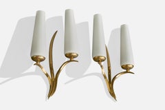 French Designer, Wall Lights, Brass, Glass, France, 1970s