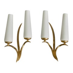 French Designer, Wall Lights, Brass, Glass, France, 1970s