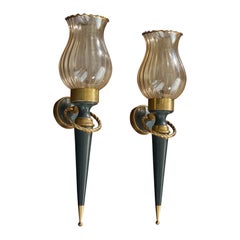 French Designer, Wall Lights, Brass, Glass, Metal, France, 1950s