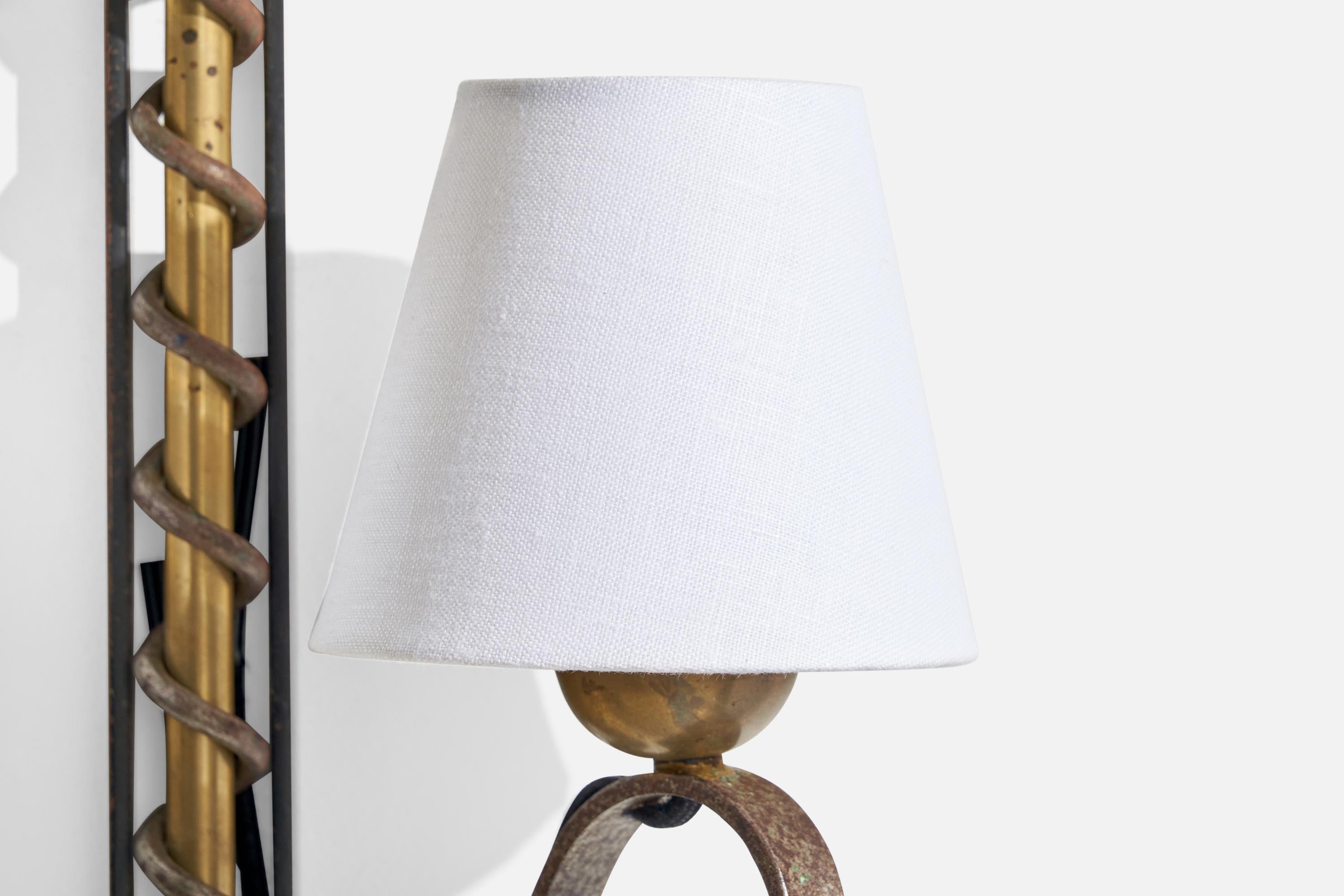 French Designer, Wall Lights, Brass, Iron, Fabric, France, 1940s For Sale 5