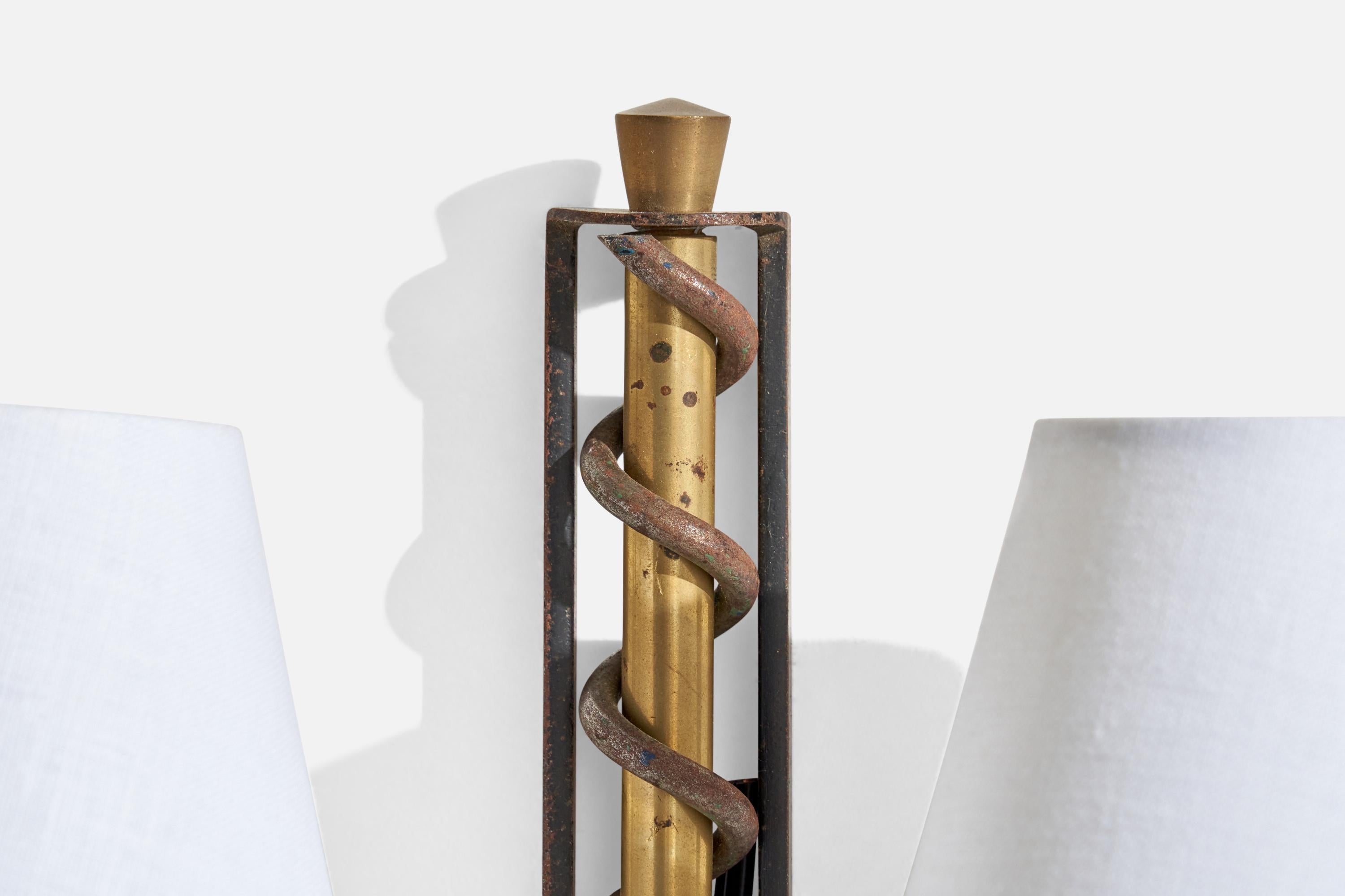 French Designer, Wall Lights, Brass, Iron, Fabric, France, 1940s For Sale 6