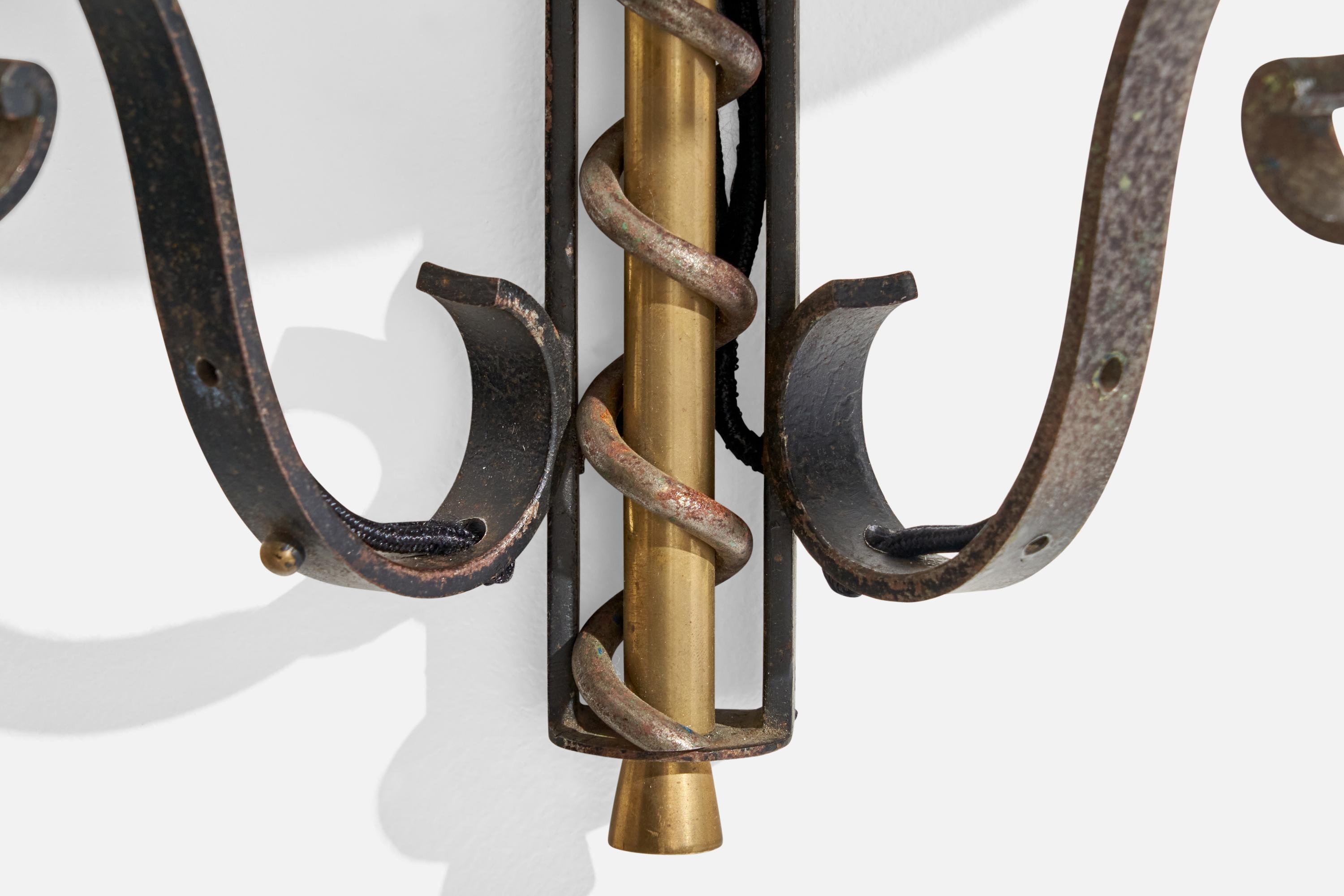 Modern French Designer, Wall Lights, Brass, Iron, Fabric, France, 1940s For Sale