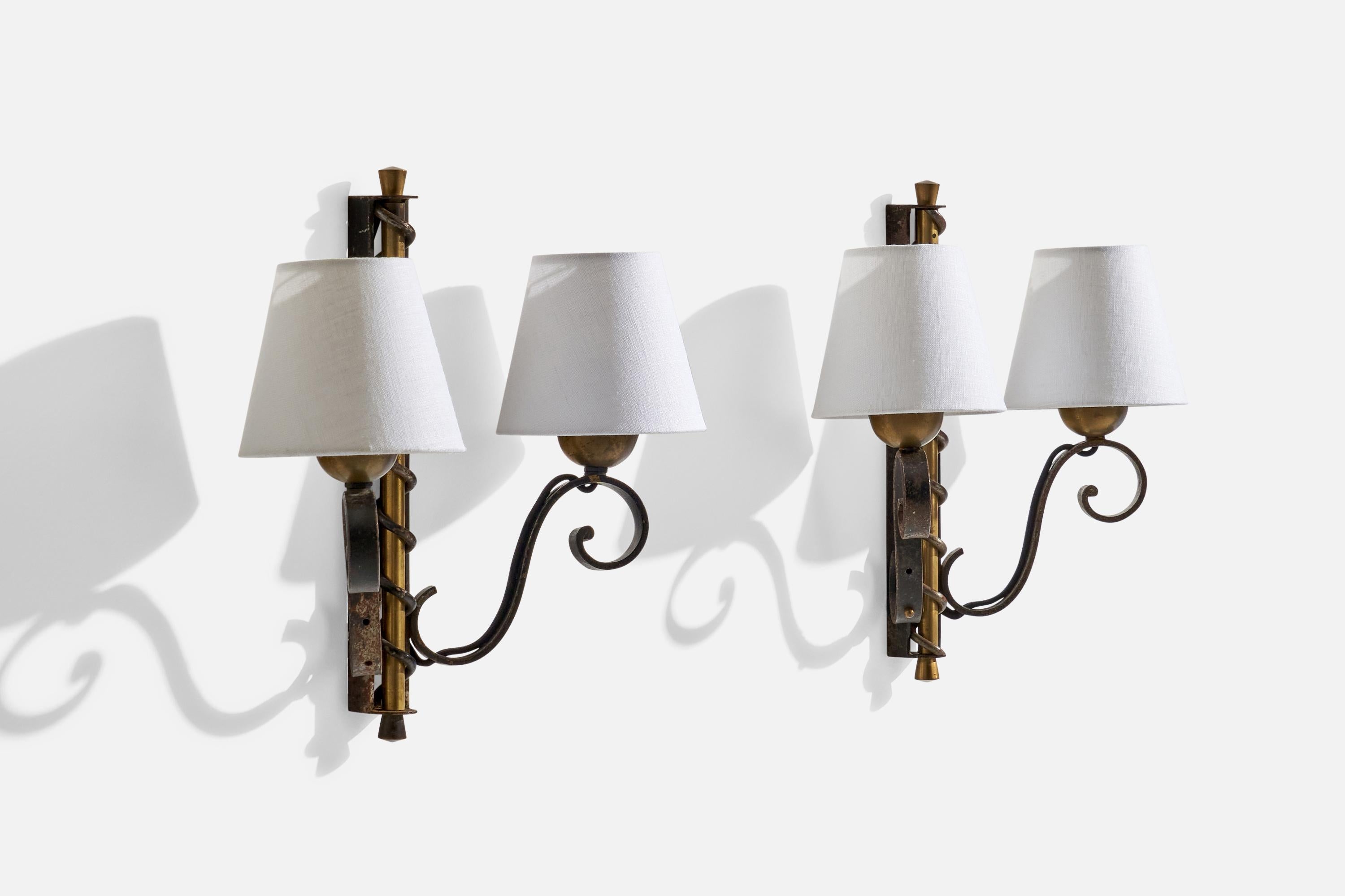 French Designer, Wall Lights, Brass, Iron, Fabric, France, 1940s In Good Condition For Sale In High Point, NC