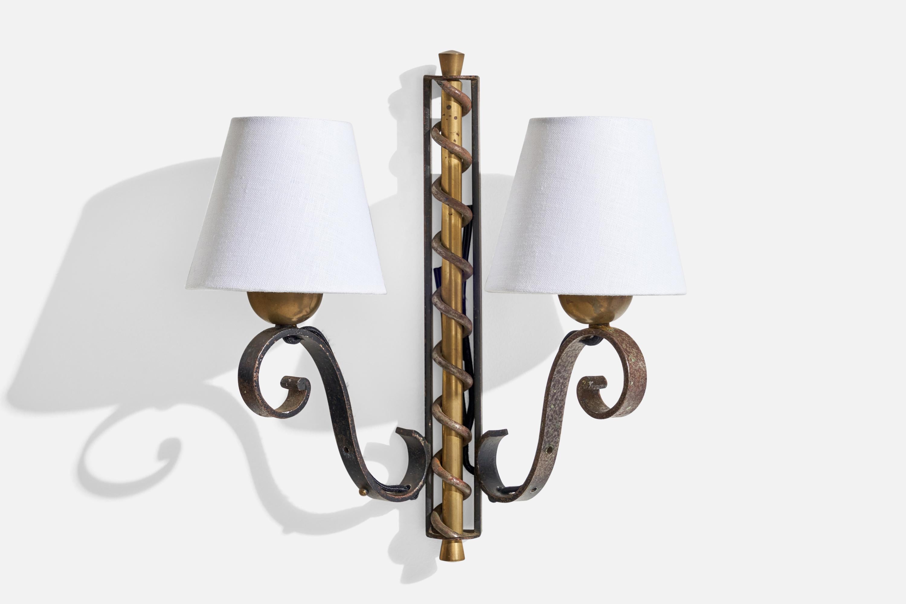 Mid-20th Century French Designer, Wall Lights, Brass, Iron, Fabric, France, 1940s For Sale