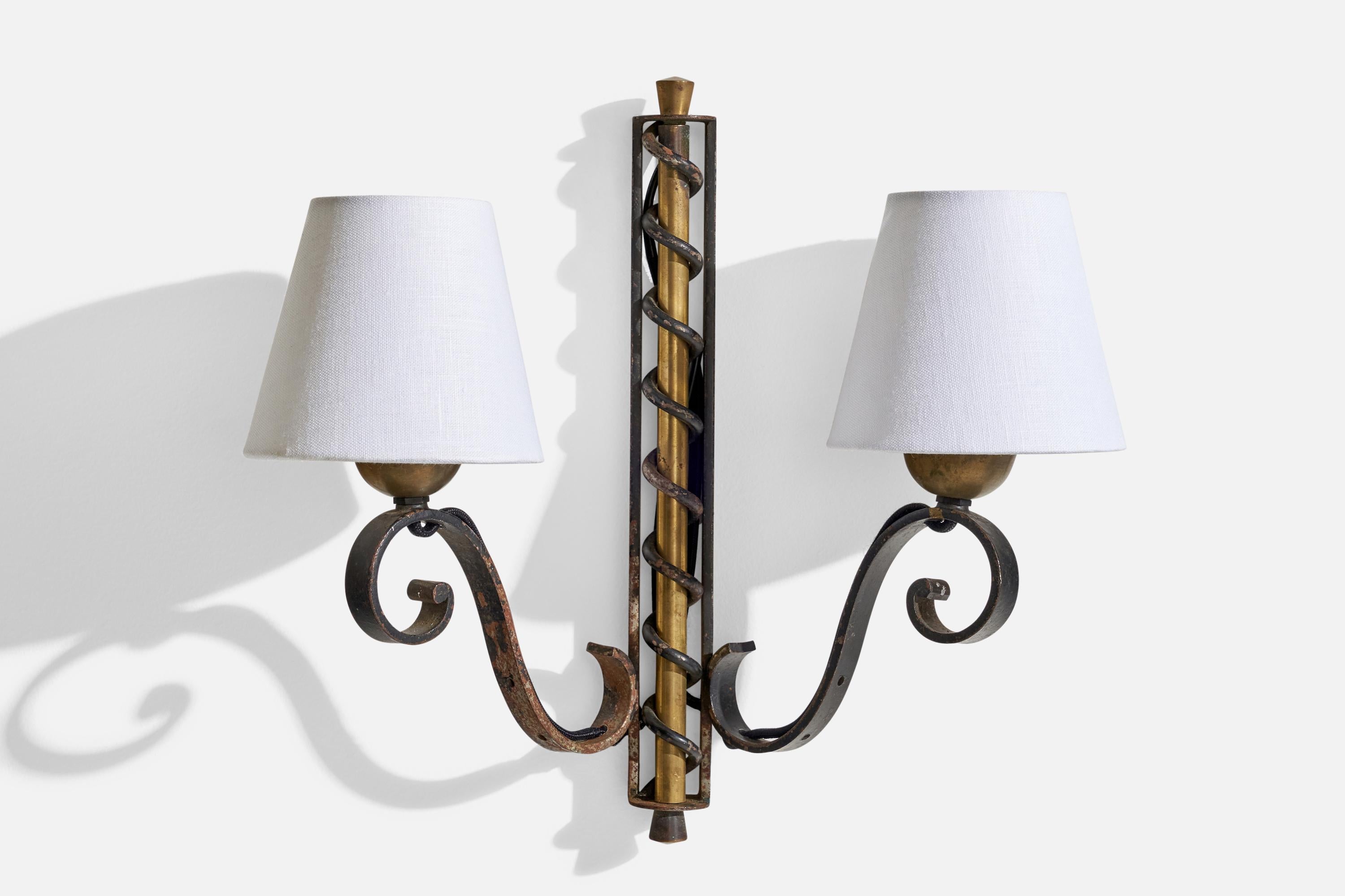 French Designer, Wall Lights, Brass, Iron, Fabric, France, 1940s For Sale 1