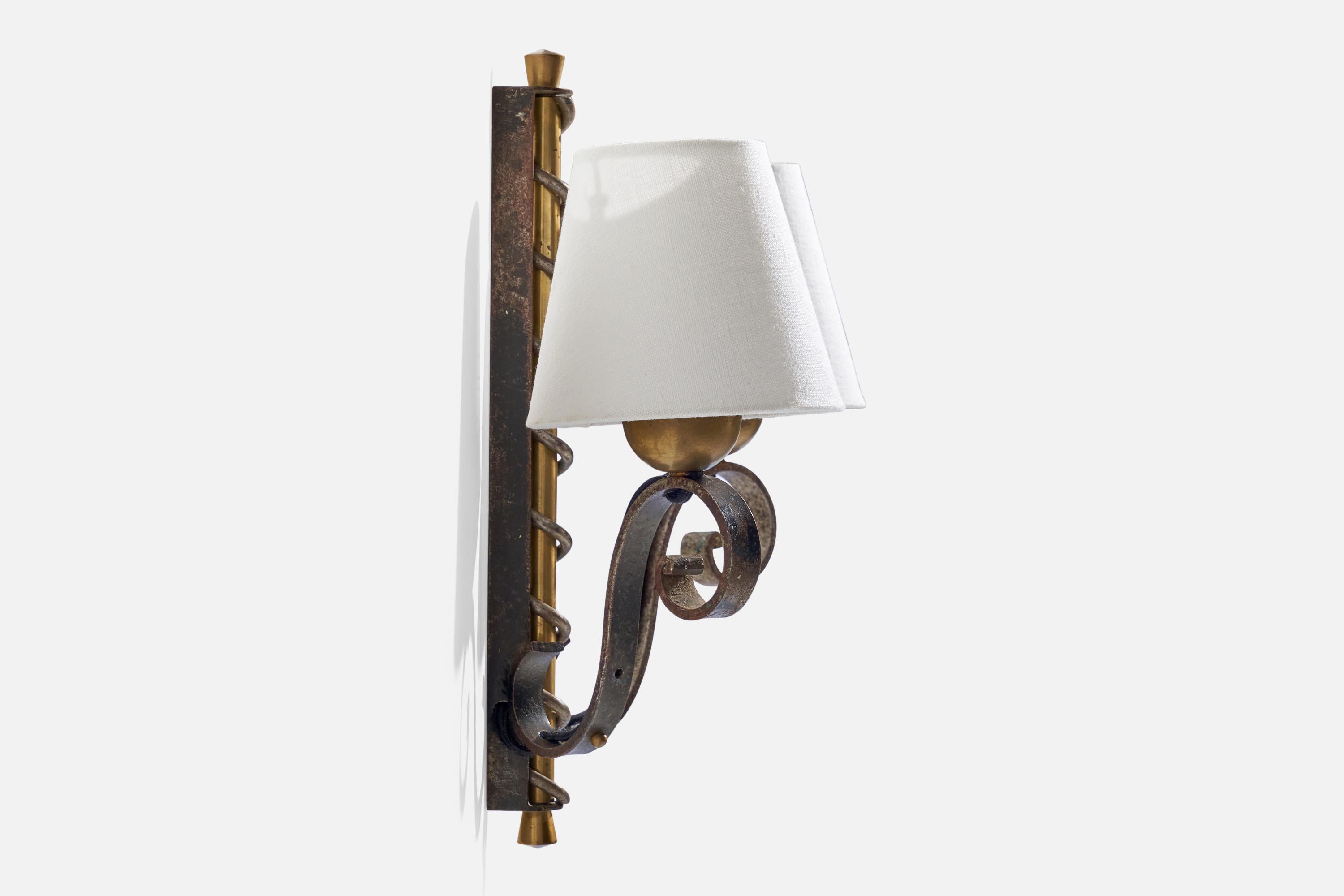 French Designer, Wall Lights, Brass, Iron, Fabric, France, 1940s For Sale 2