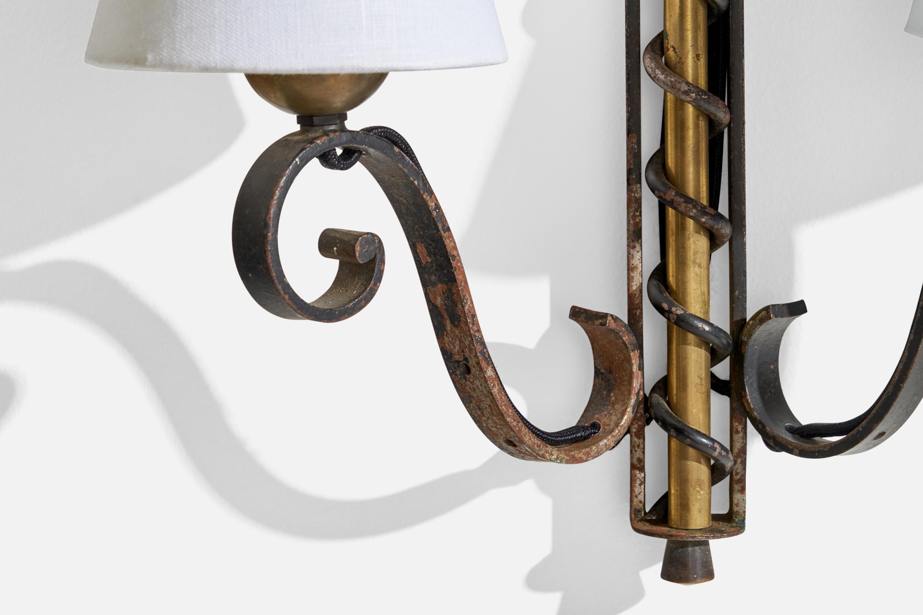 French Designer, Wall Lights, Brass, Iron, Fabric, France, 1940s For Sale 3