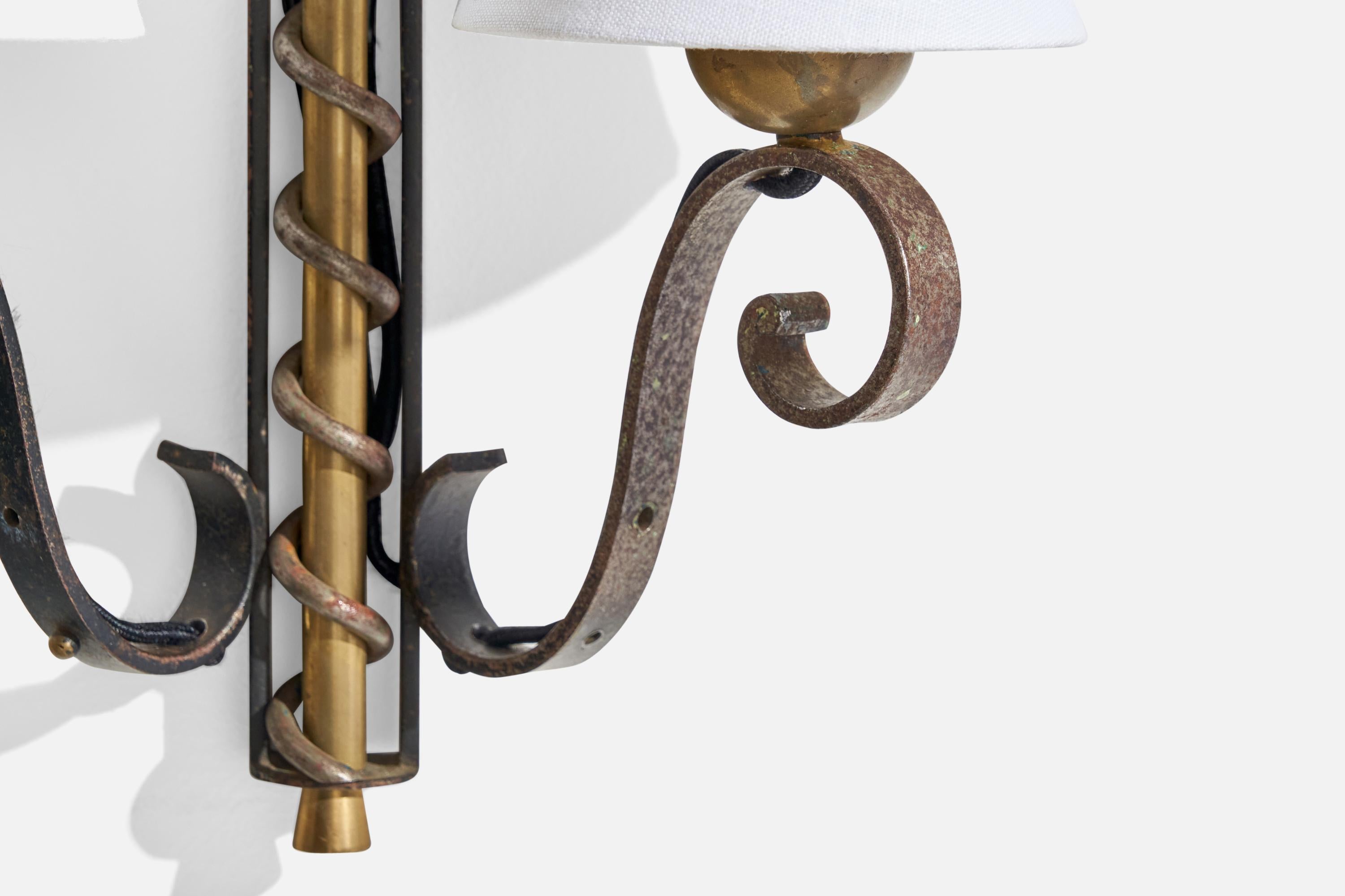 French Designer, Wall Lights, Brass, Iron, Fabric, France, 1940s For Sale 4