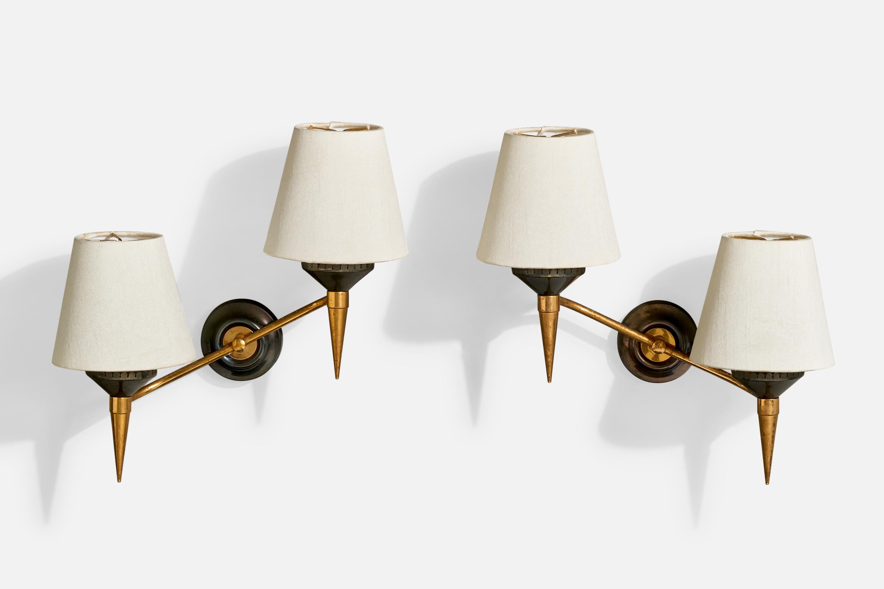 A pair of brass, metal and white fabric wall lights designed and produced in France, c. 1950s.

The brass arms present with moderate oxidation.

Overall Dimensions (Inches): 13.75” H x 13” W x 6” D

Back Plate Dimensions (Inches): 2.9” H x 2.9“ W x