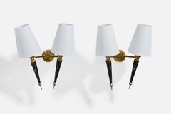French Designer, Wall Lights, Brass, Metal, Fabric, France, 1950s