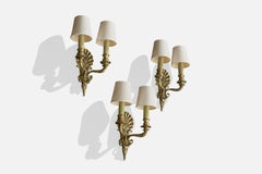 French Designer, Wall Lights, Brass, Metal, Fabric, France, 1950s