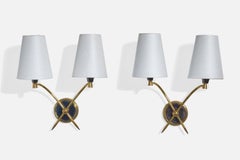 Französischer Designer, Wandleuchten, Messing, Metall, Stoff, Frankreich, 1950er Jahre