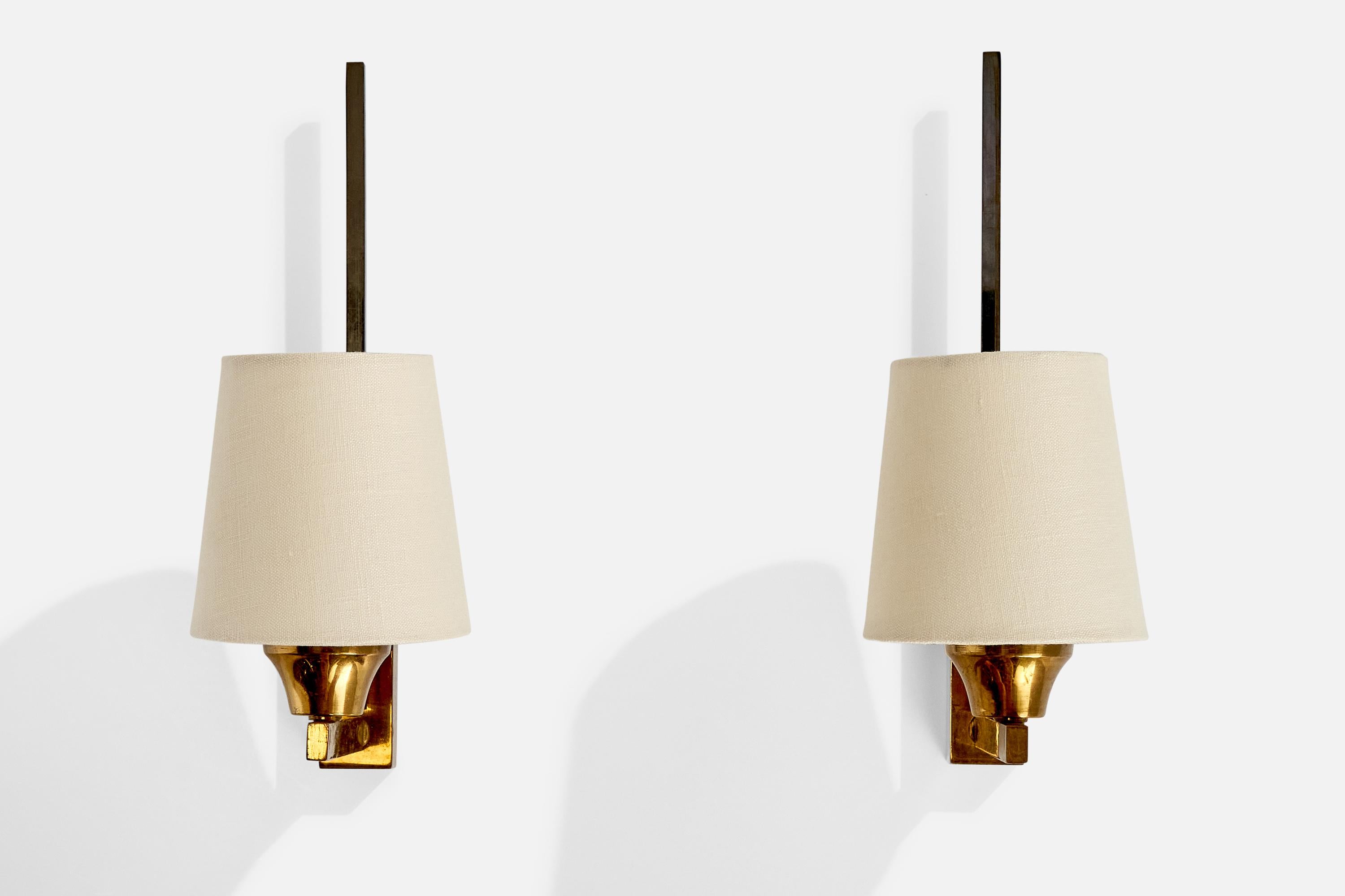 Scandinavian Modern French Designer, Wall Lights, Brass, Metal, Fabric, France, 1950s For Sale