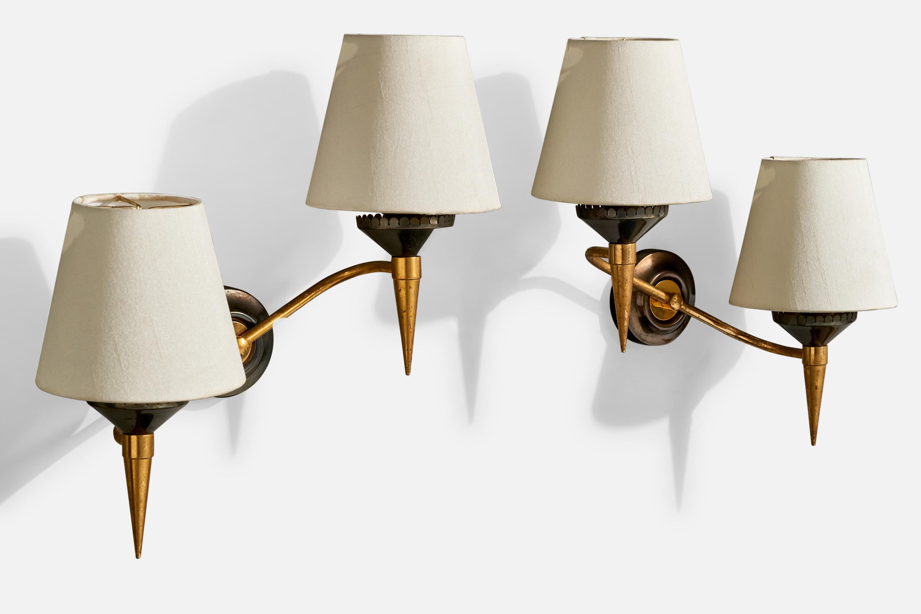 Mid-Century Modern French Designer, Wall Lights, Brass, Metal, Fabric, France, 1950s For Sale