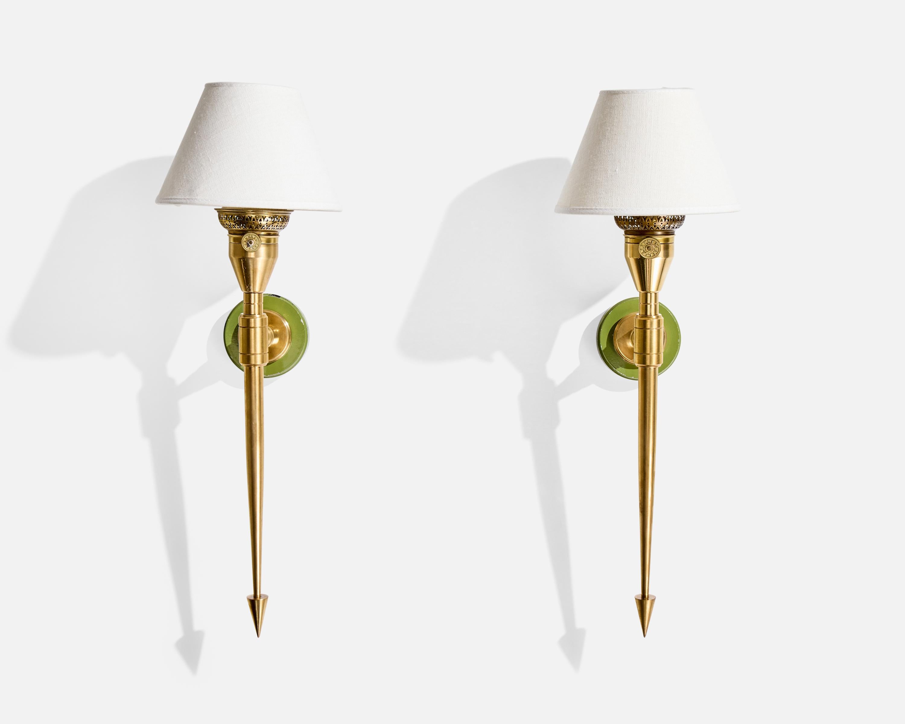 Mid-Century Modern French Designer, Wall Lights, Brass, Metal, Fabric, France, 1950s For Sale
