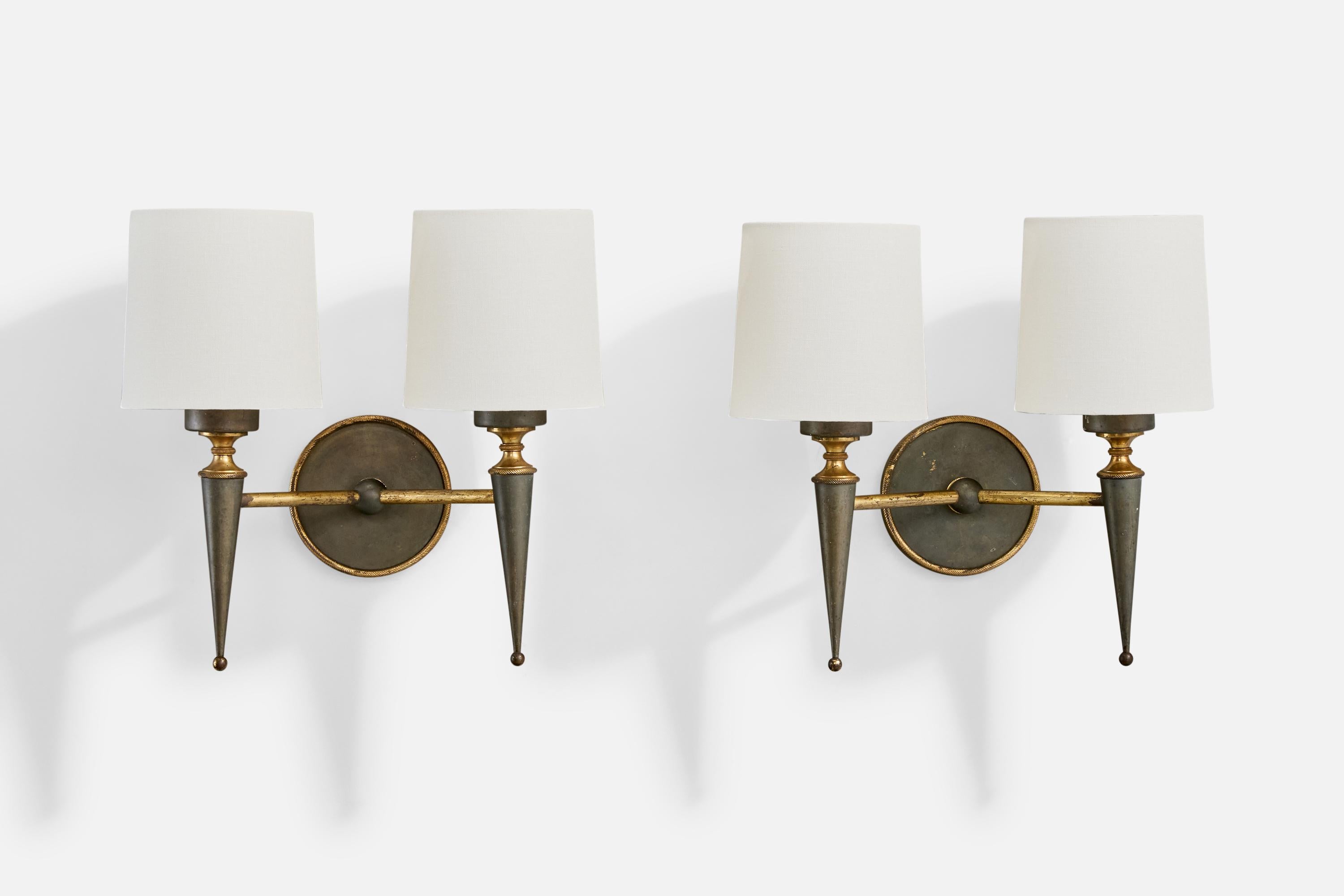 Mid-Century Modern French Designer, Wall Lights, Brass, Metal, Fabric, France, 1950s For Sale