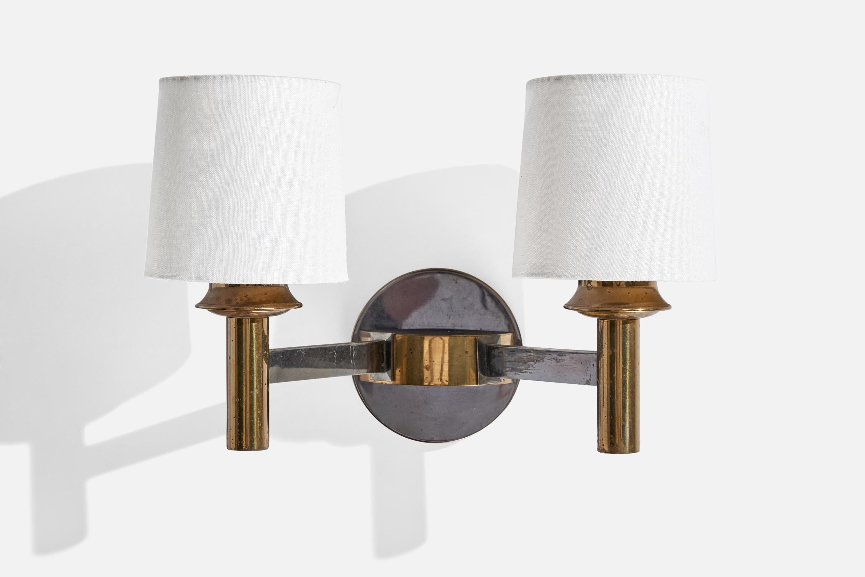 Mid-20th Century French Designer, Wall Lights, Brass, Metal, Fabric, France, 1950s For Sale