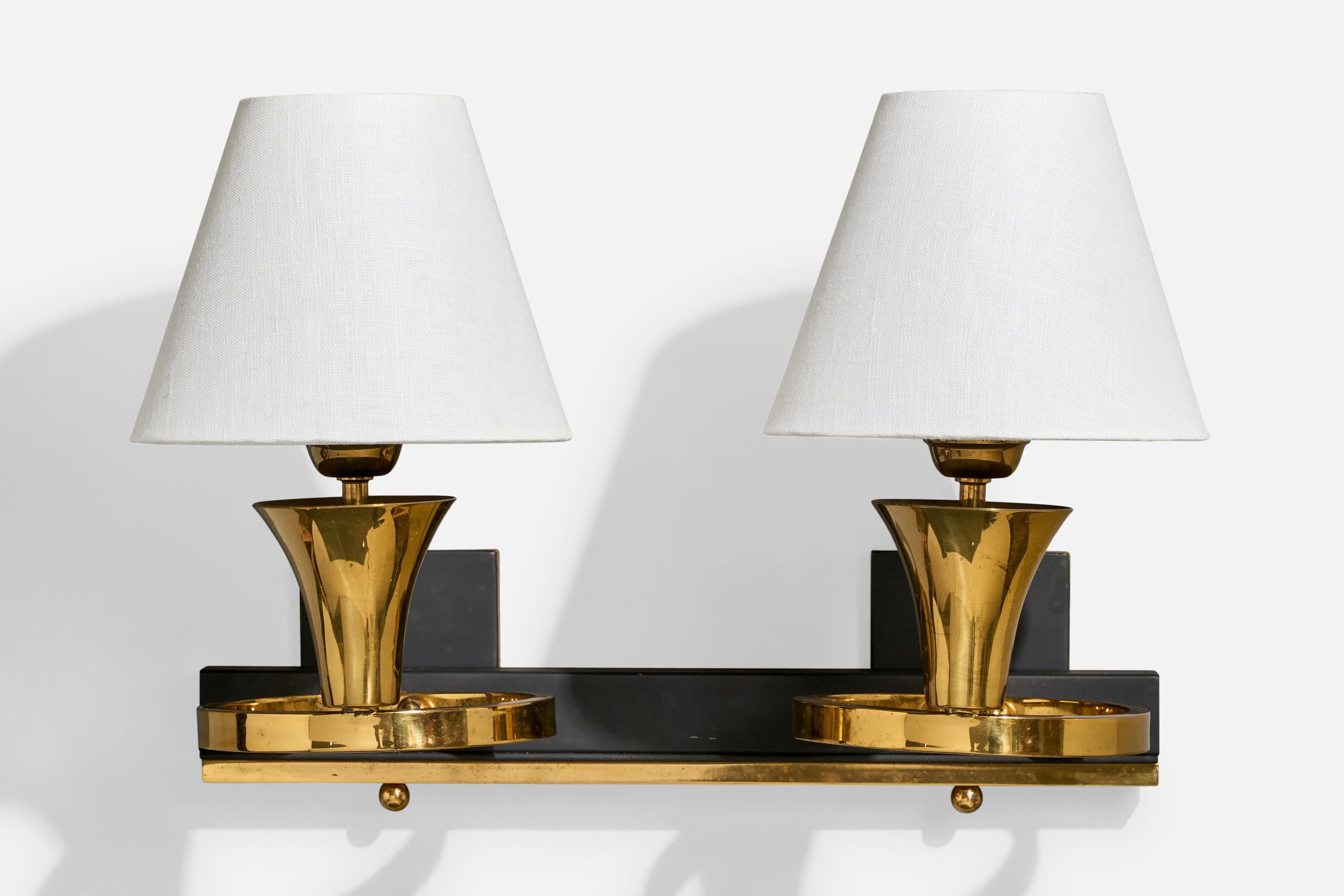 Mid-20th Century French Designer, Wall Lights, Brass, Metal, Fabric, France, 1950s For Sale