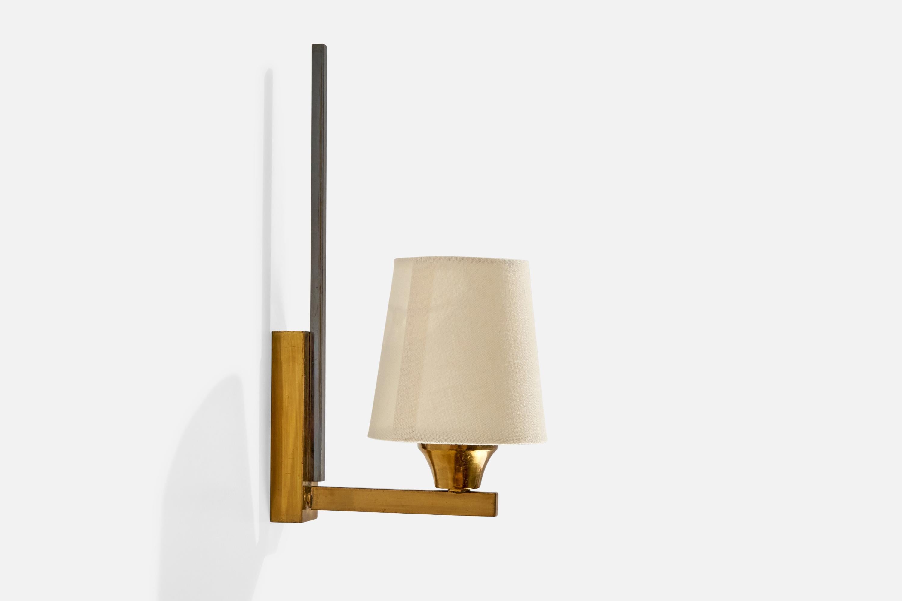 Mid-20th Century French Designer, Wall Lights, Brass, Metal, Fabric, France, 1950s For Sale