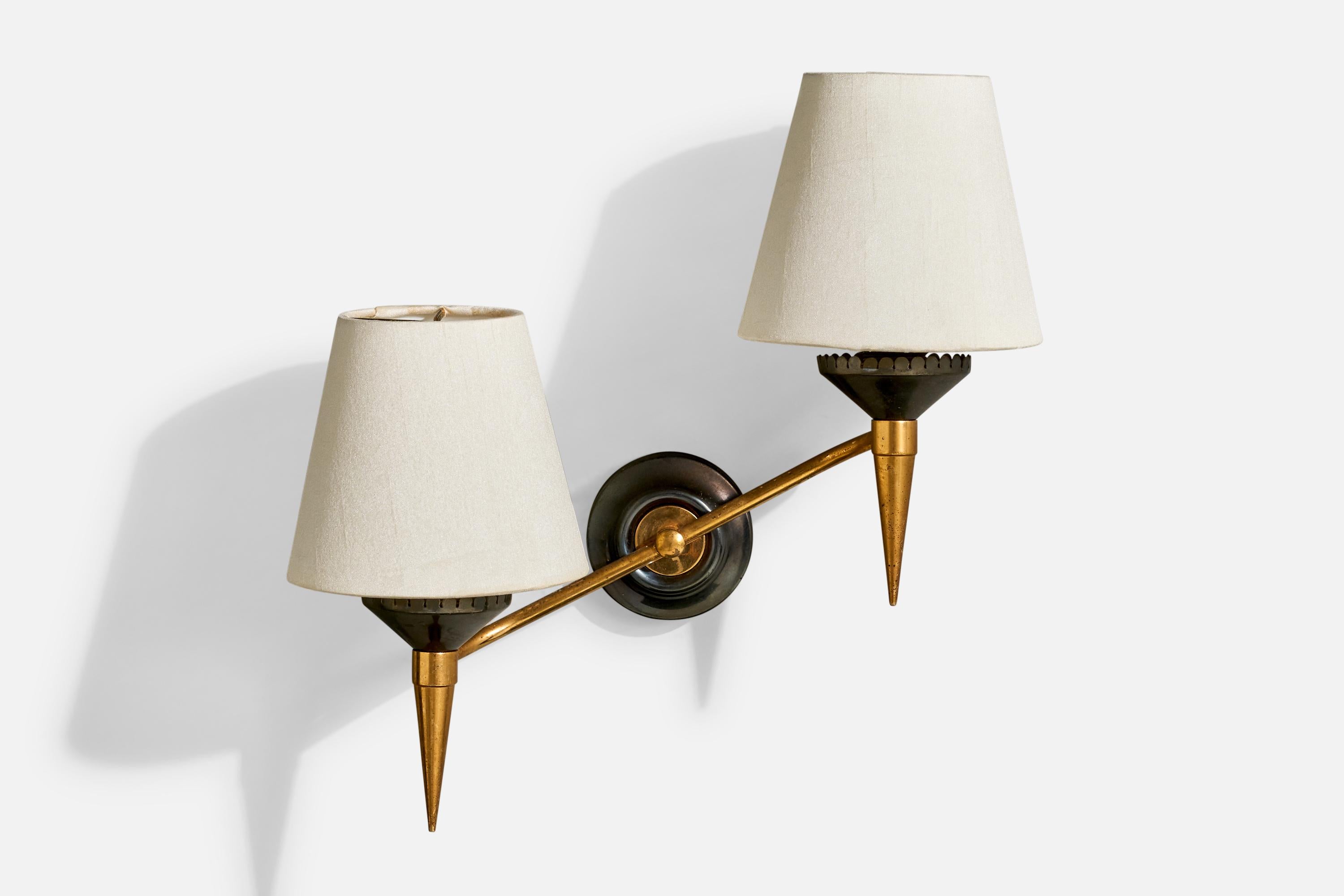 Mid-20th Century French Designer, Wall Lights, Brass, Metal, Fabric, France, 1950s For Sale
