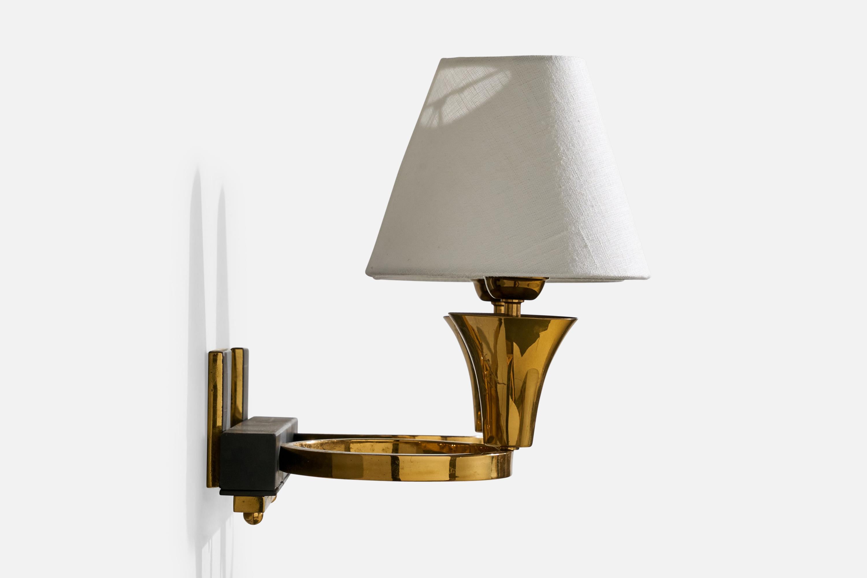French Designer, Wall Lights, Brass, Metal, Fabric, France, 1950s For Sale 1