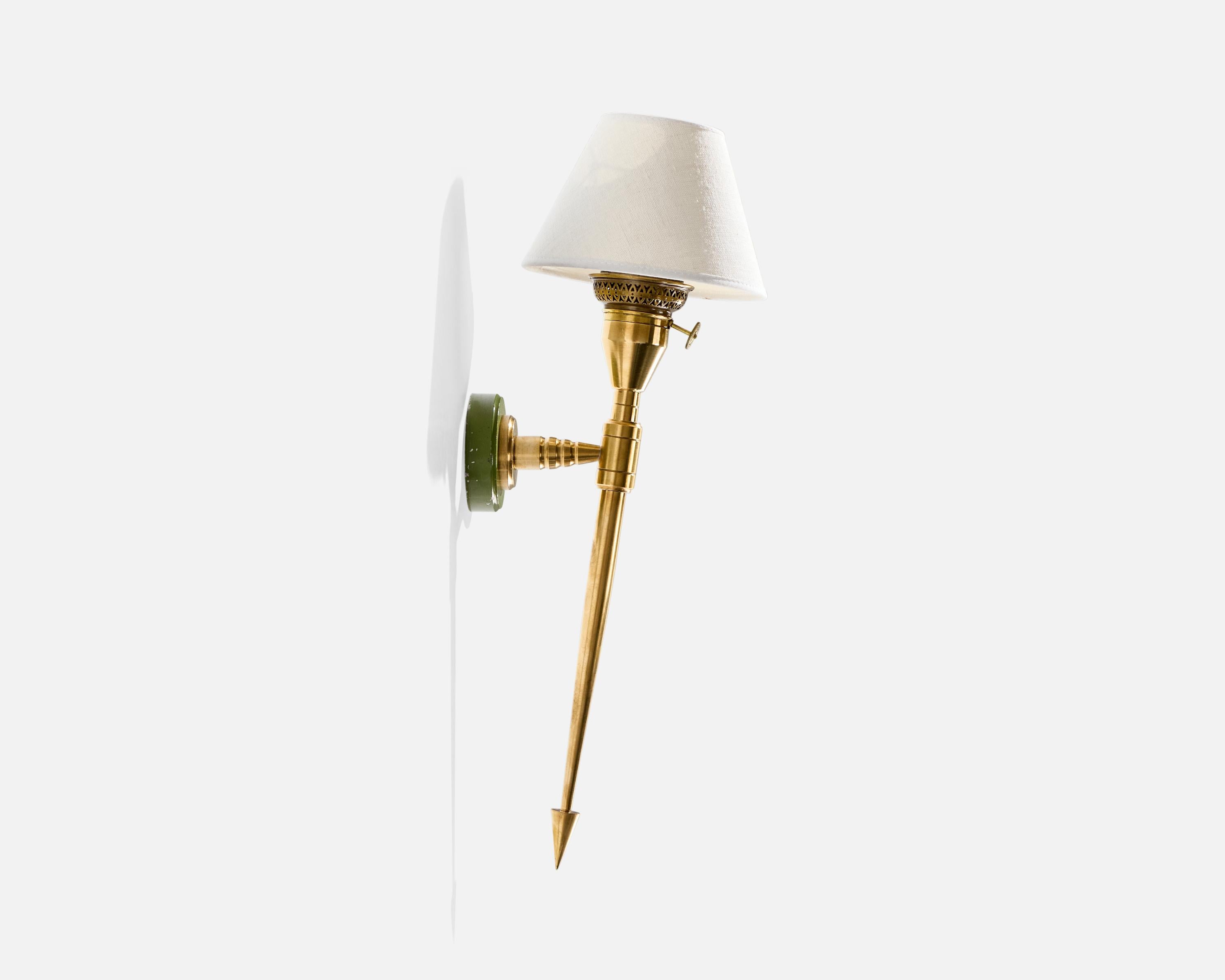 Mid-20th Century French Designer, Wall Lights, Brass, Metal, Fabric, France, 1950s For Sale