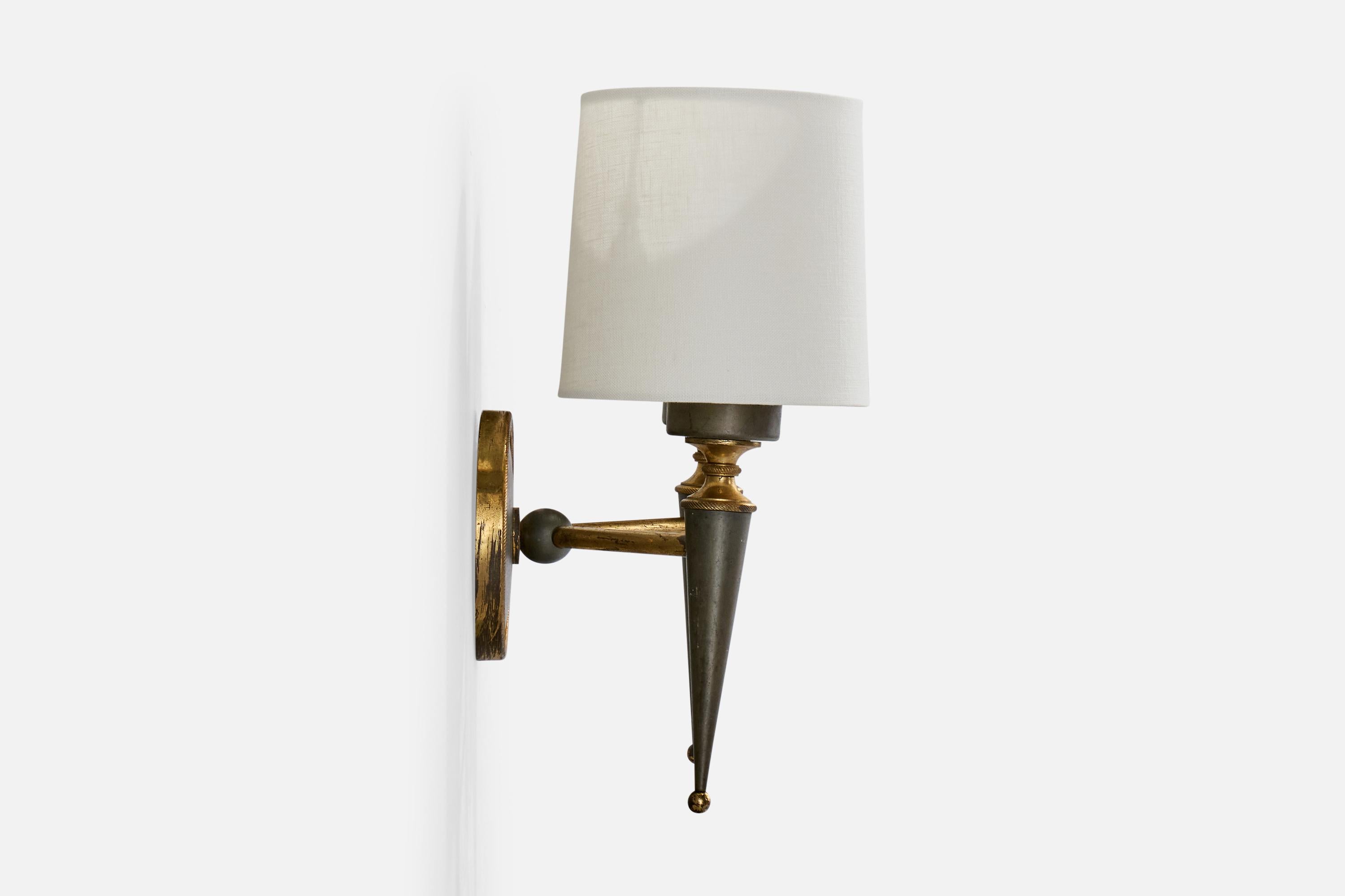 Mid-20th Century French Designer, Wall Lights, Brass, Metal, Fabric, France, 1950s For Sale