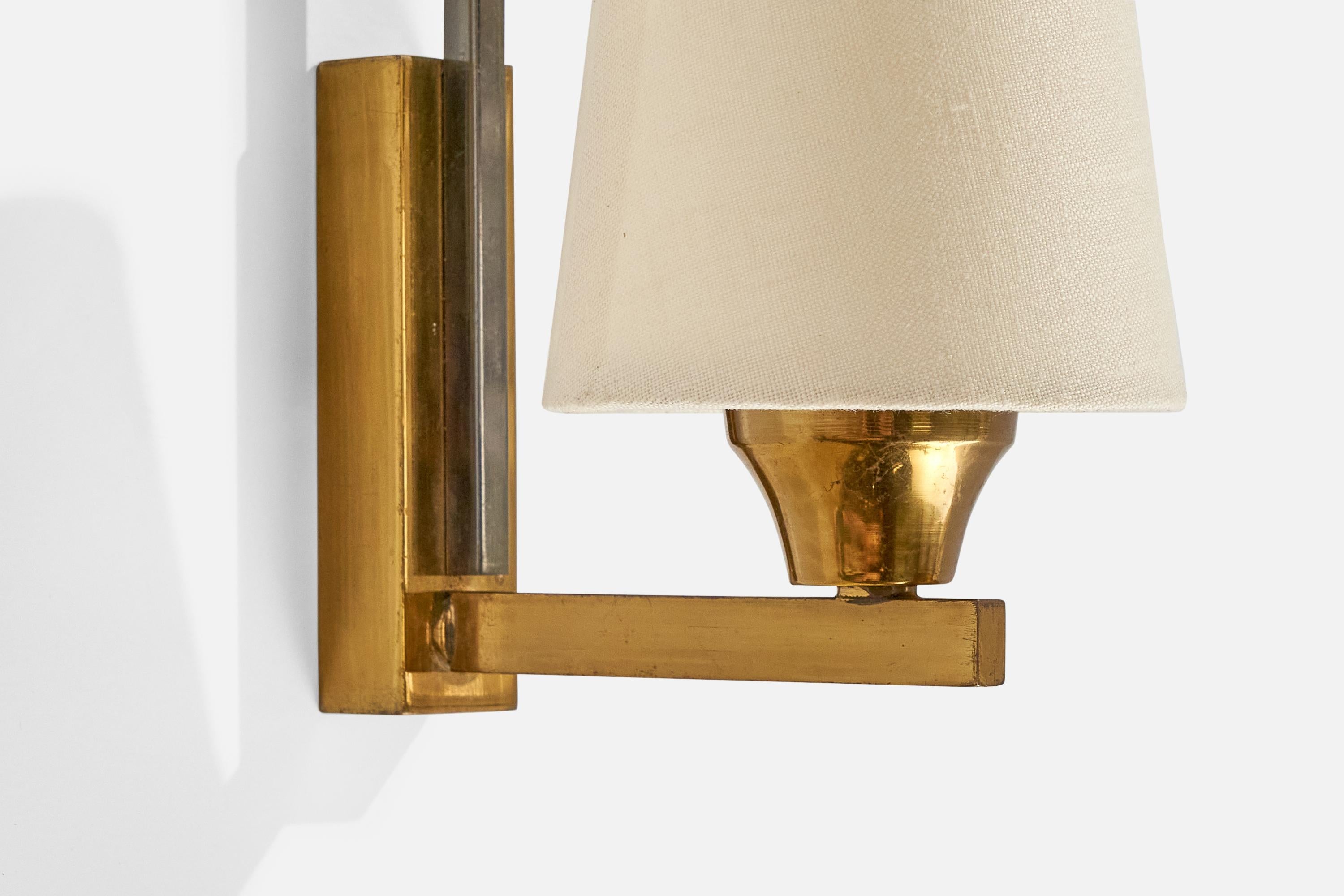 French Designer, Wall Lights, Brass, Metal, Fabric, France, 1950s For Sale 1