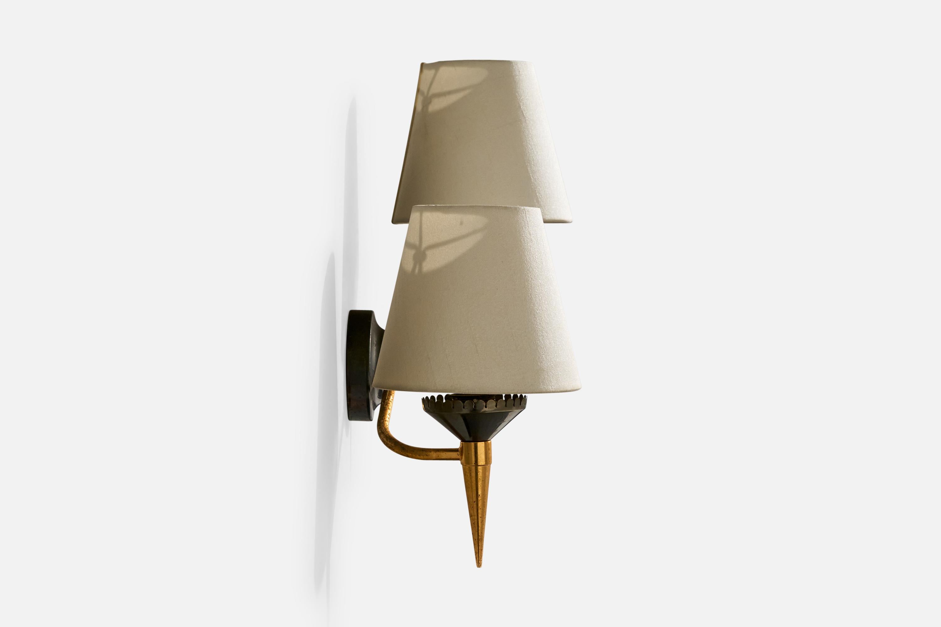 French Designer, Wall Lights, Brass, Metal, Fabric, France, 1950s For Sale 1