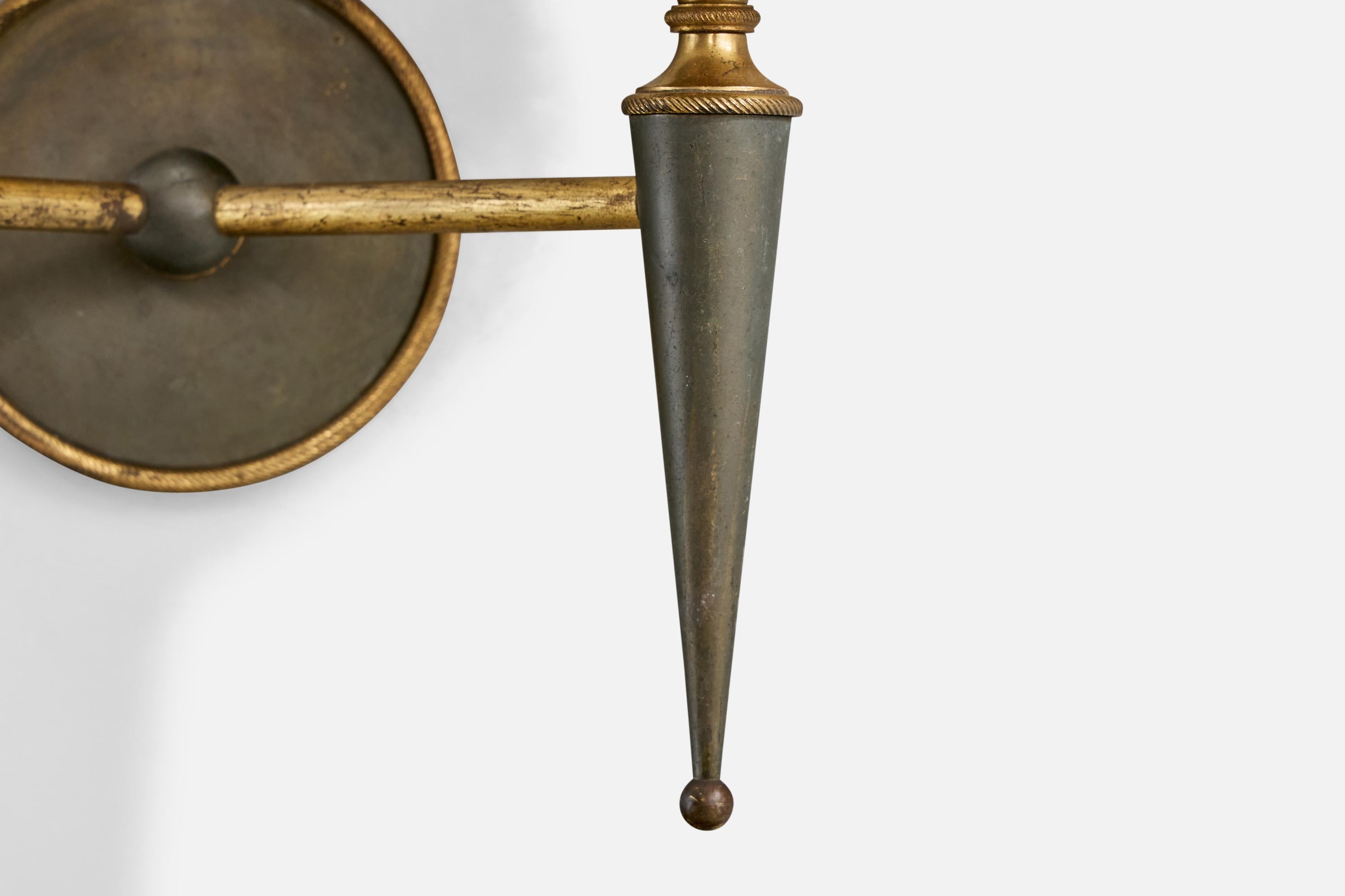 French Designer, Wall Lights, Brass, Metal, Fabric, France, 1950s For Sale 2