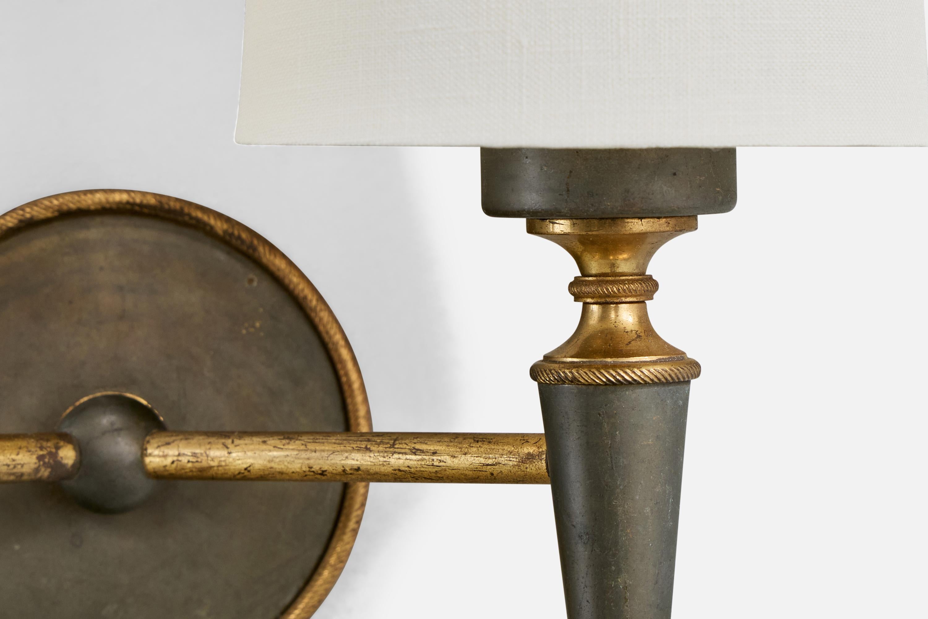French Designer, Wall Lights, Brass, Metal, Fabric, France, 1950s For Sale 3